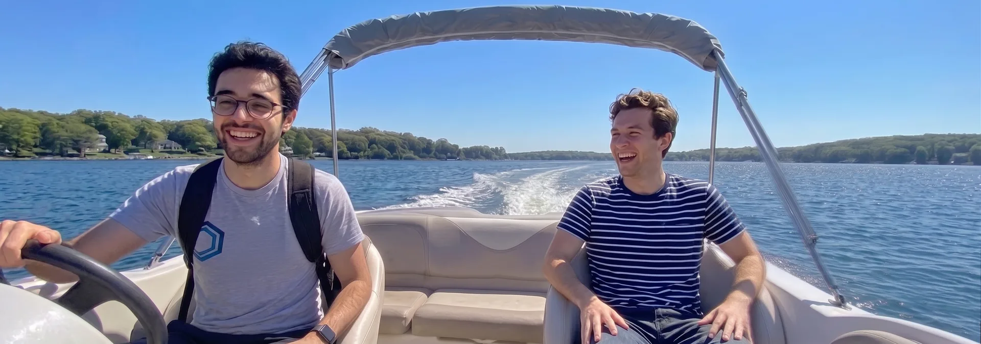 Friends enjoying a twin jet Yamaha boat rental on Oyster Bay, Long Island